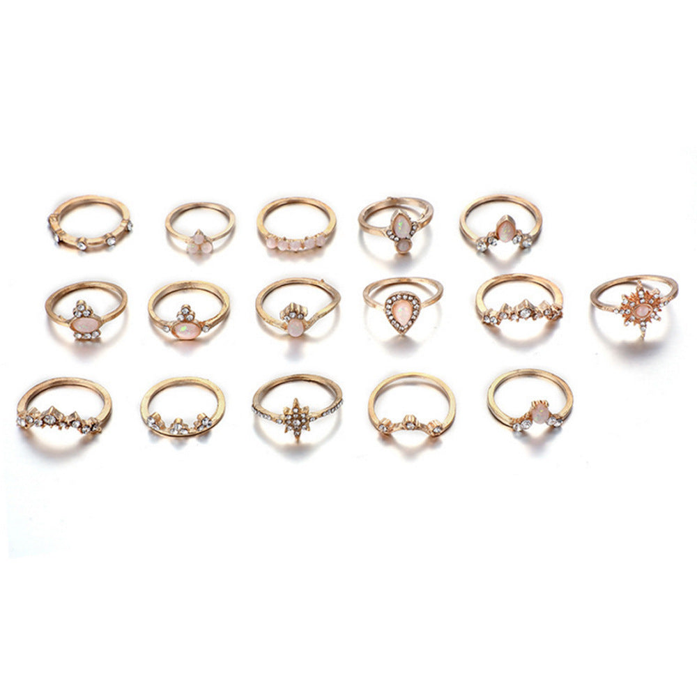 Unisex 16 Piece Retro Vintage Rings Set Alloy Diamond Accent Crown Water Drop Geometric Jewelry Collection Set