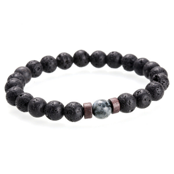 Unisex Volcanic Stone Beaded Bracelet With Alloy Inlay Gemstone Accent Fashion Jewelry Gift For Men MatteBlack