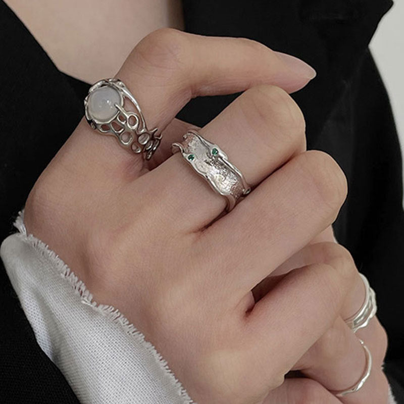 Thai Silver Plated Geometric Ring Irregular Design Fashion Jewelry Alloy Inlaid Gemstone Accent RingSet Korean