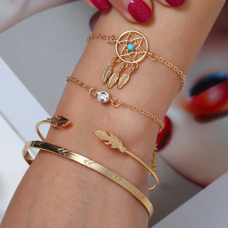 Gold Plated Alloy Dream Catcher Leaf Bracelet Set For Women Four Piece Jewelry Fashion Accessories Elegant Set