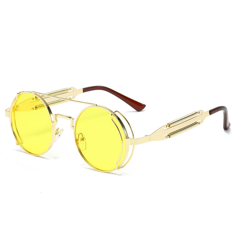 Mens Steampunk Sunglasses With Metal Frame And Plastic Accents Unique Double Spring Leg Design Fashion Eyewear Style