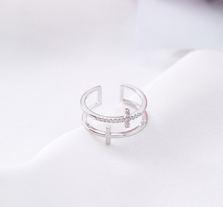 Womens Adjustable Copper Double Cross Ring Micro Set Geometric Fashion Jewelry Trendy Finger Ring Korean Style