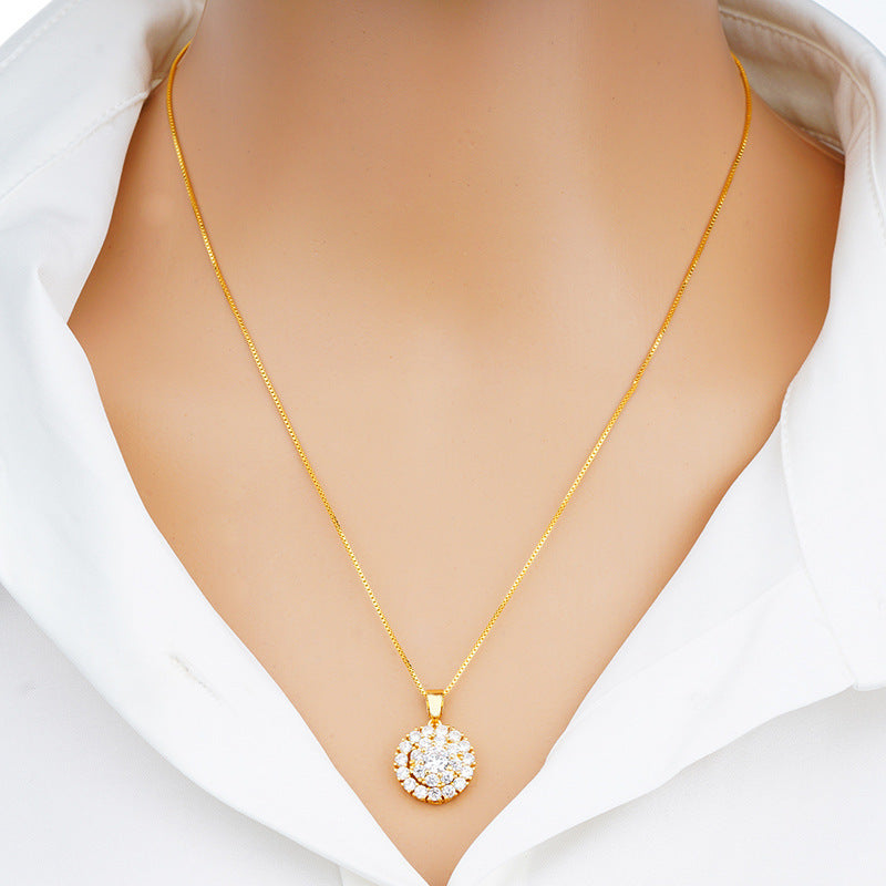 Spinning Ring Necklace Set with Zircon Pendant Brass Jewelry Gold Tone for Women Two Piece Collection Elegant Design