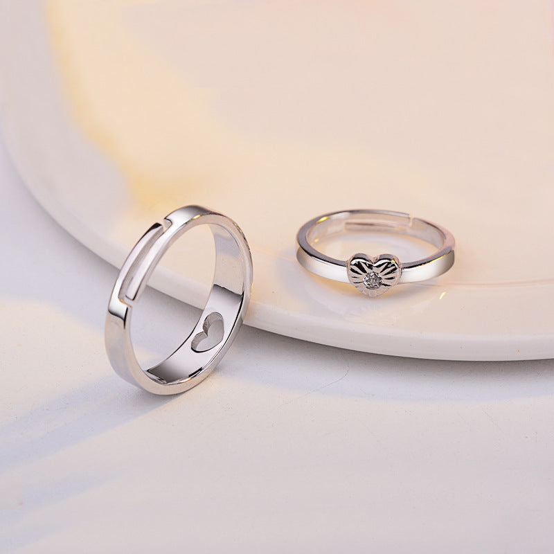 Couple Adjustable Zircon Heart Rings With Letter Design Birthday Gift For Him And Her Cow Pattern Heart Shaped