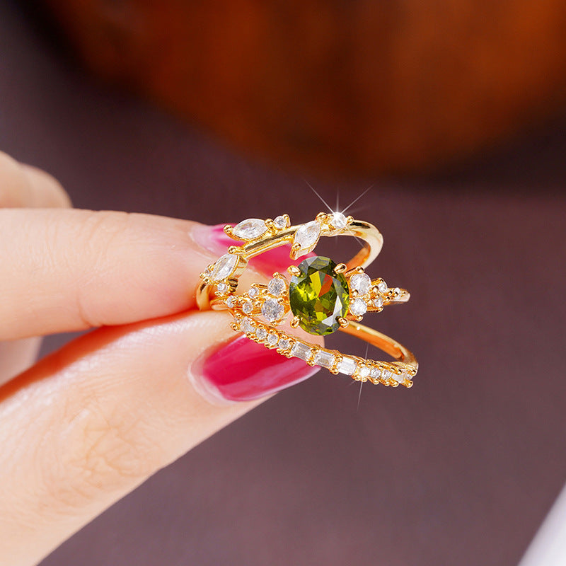 Womens Three Piece Flower Horse Eye Ring Set Copper Gold Tone Micro Inlay Fashion Jewelry Durable Elegant Versatile