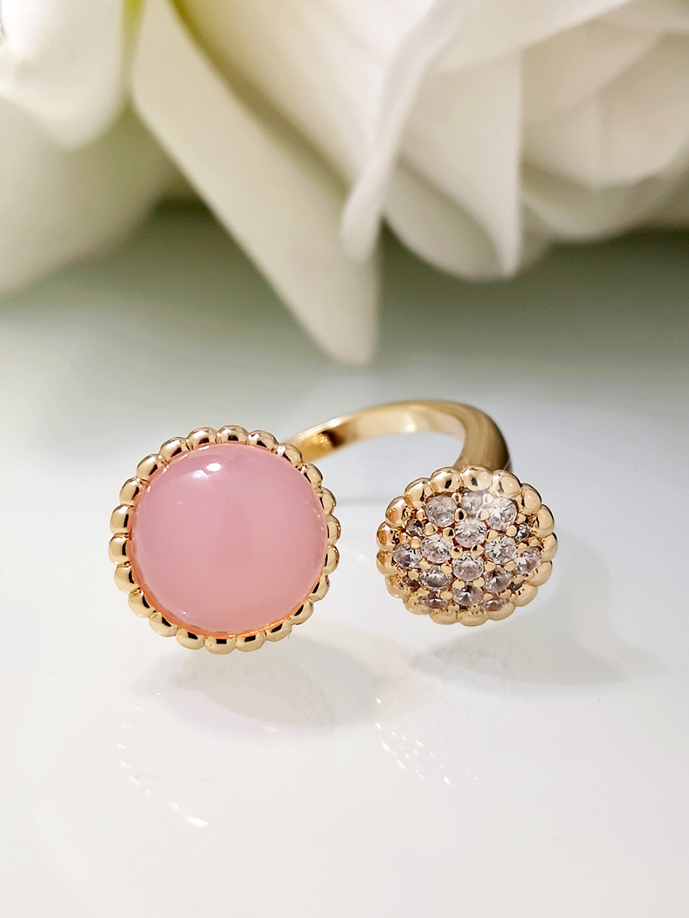 Rose Gold Geometric Ring Copper Zircon Accents Glass