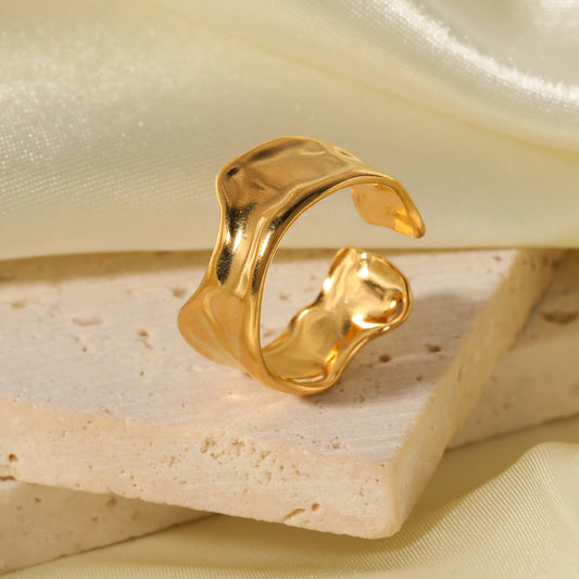 Unisex Stainless Steel Ring Irregular Tin Foil Textured Adjustable Index Finger Gold Tone Electroplated Jewelry