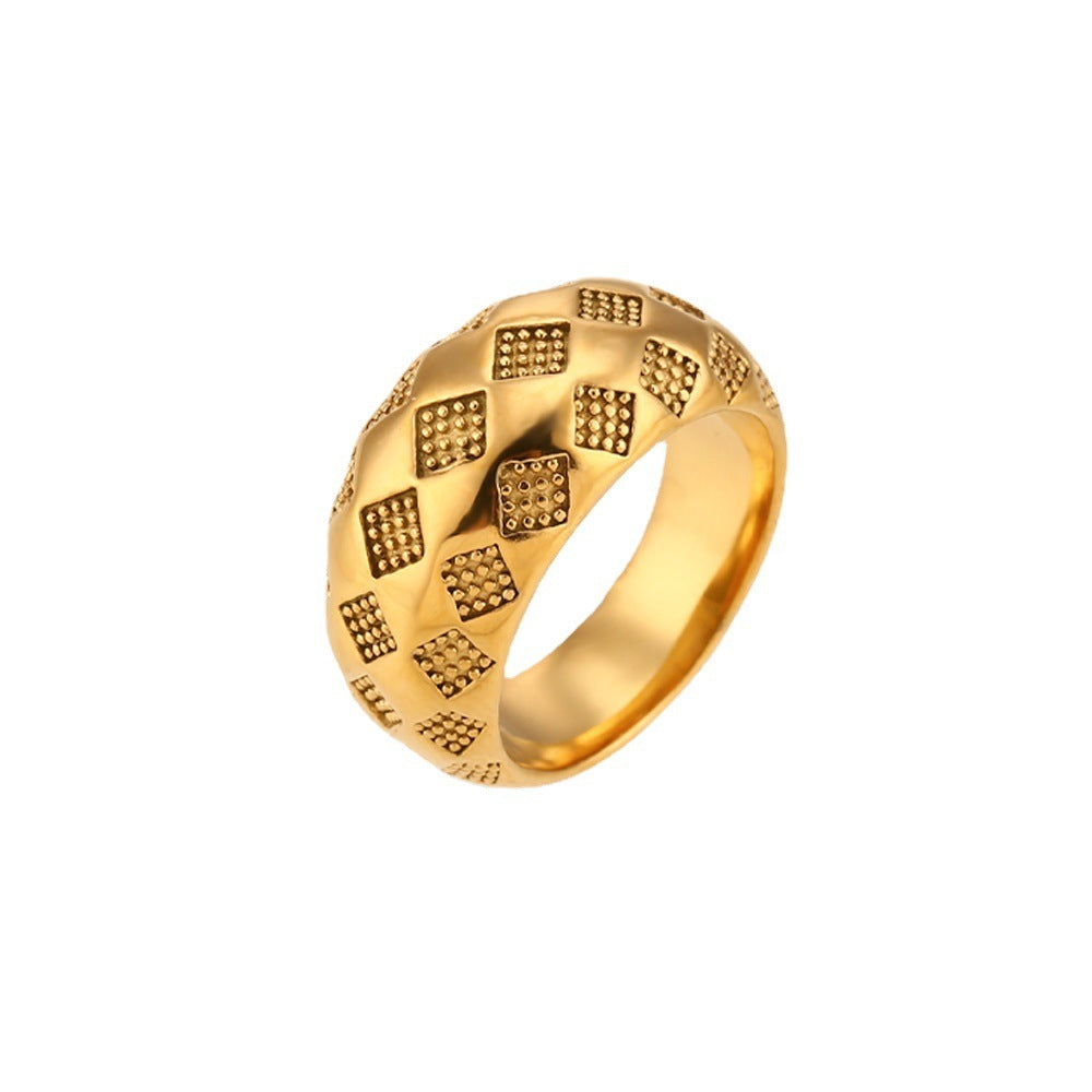 Womens Stainless Steel Ring Electroplated Golden Lattice Design Thin or Thick Band Geometric European American Jewelry Gift for Her Sizes 6 7 and 8