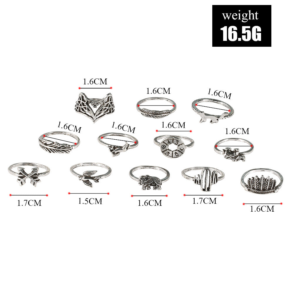 Animal Zodiac Rings Set 12 Pieces Alloy Rings European And American Electroplated Leaf Fox Elephant Retro Jewelry