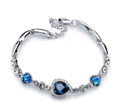 Heart Bracelet With Blue Crystals Love You Heart Design Alloy Metal Plated Finish Elegant Jewelry Gift For Her