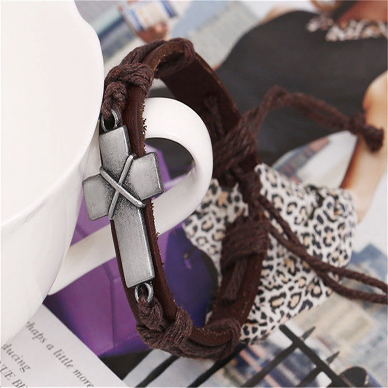 Leather Cross Bracelet For Men And Women Vintage Brown Cowhide Alloy Adjustable Length First Layered Wristwear
