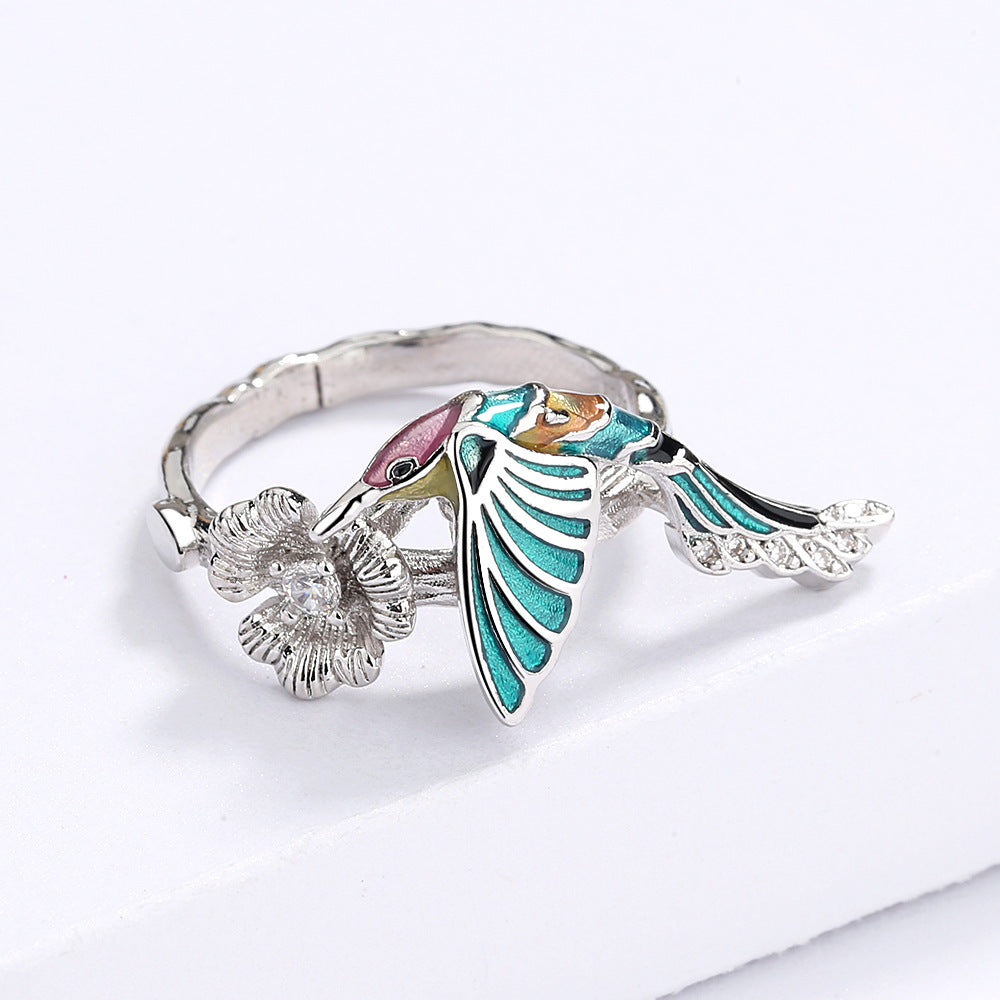Womens Hummingbird Ring Epoxy Colorful Animal Bird Zircon Inlaid Alloy Drip Pastoral Style Jewelry Hummingbird
