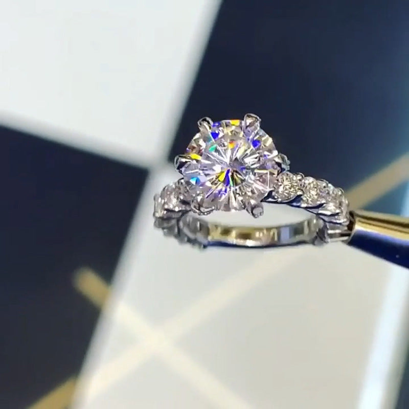 White Gold Plated Zircon Six Prong Ring With Geometric Setting And Sparkling Inlaid Stones Copper Metal Design