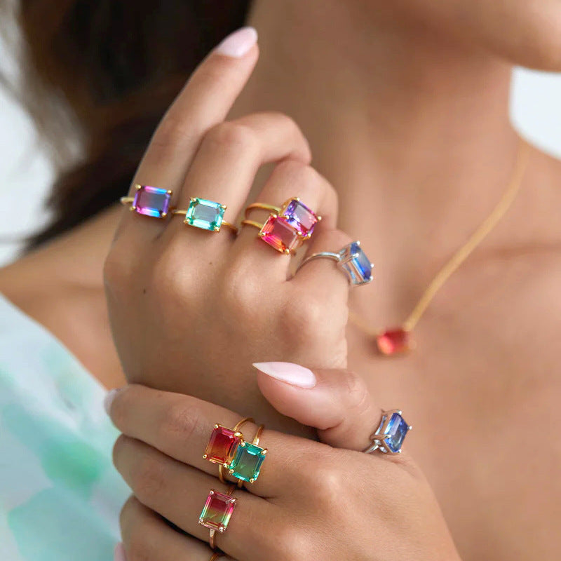 Retro Original Design Gradient Color Square Large Zircon Ring Electroplated 18K Gold Open Copper Ring Dot Line