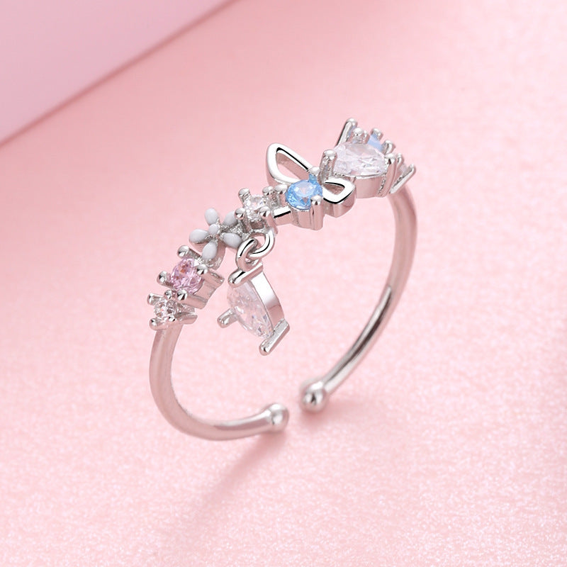 Womens Floral Wreath Ring Zircon Inlaid Copper Adjustable Romantic Japanese Inspired Elegant Jewelry For Festivals