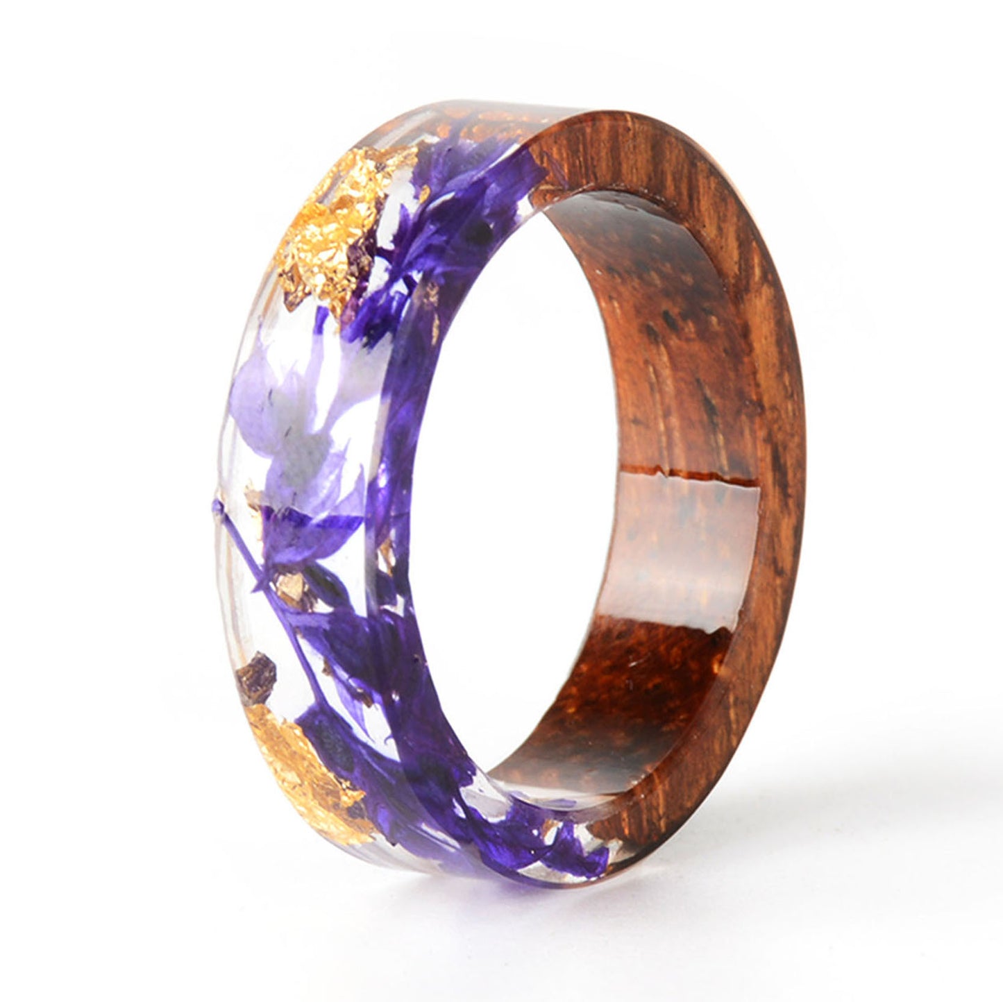 Womens Handmade Flower Resin Wood Ring Inside Gold And Silver Paper Unique Romantic Wedding Party Gift Jewelry