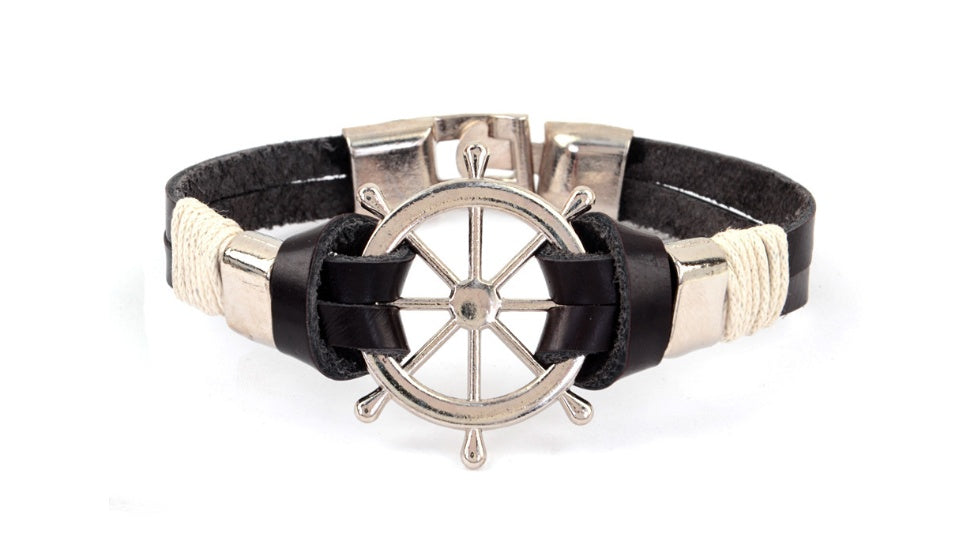 Rudder Anchor Leather Bracelet Nautical Theme Lightweight Plated Alloy Jewelry For Men For Casual Everyday Use