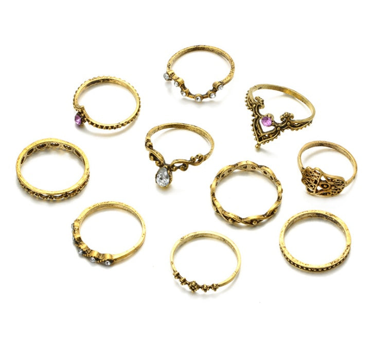 Womens Knuckle Ring Set 10 Pieces Alloy Hollow Twists Palm Crown Rings Gemstones Inlaid Antiqued Silver Finish