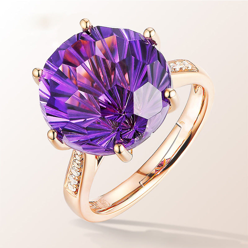 Six Claw Amethyst Ring with Geometric Silver Inlay For Women Adjustable Size Jewelry And Elegant Craft Details