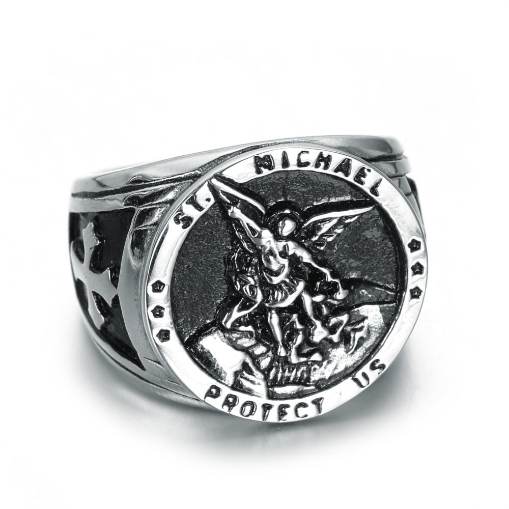 Men's Stainless Steel Silver Ring American Guardian Goddess Design Jewelry Band European and American Inspired Ring Titanium Steel Ring for Men Fashion Ring