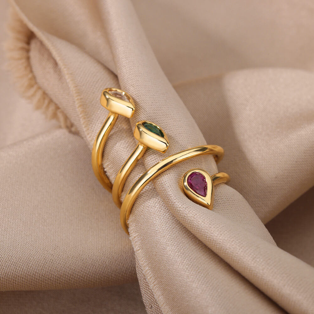 Geometric Zircon Ring In Gold Tone Stainless Steel Adjustable Opening Band For Everyday Wear Jewelry Gift Pack