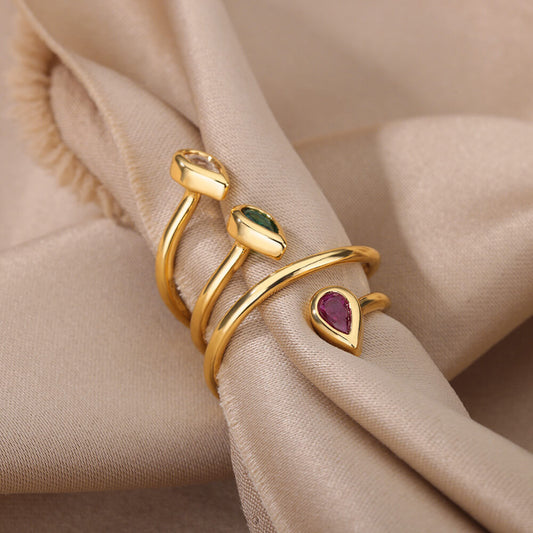 Geometric Zircon Ring In Gold Tone Stainless Steel Adjustable Opening Band For Everyday Wear Jewelry Gift Pack