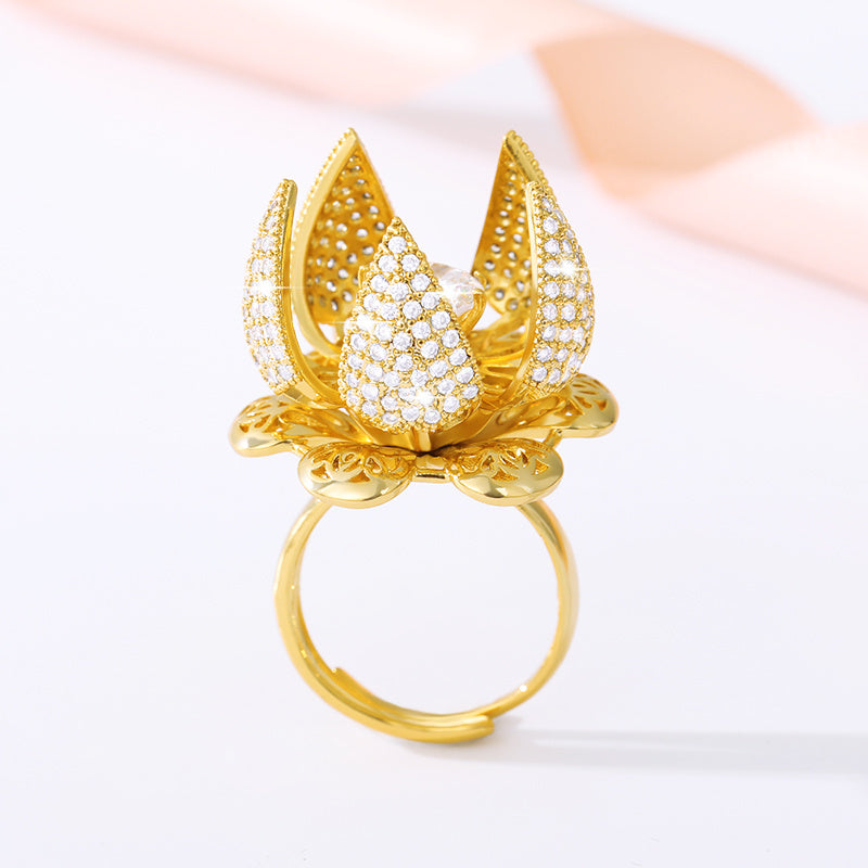 Womens Copper Ring Zircon Flower Design Luxe Gold Plated Inlaid Artificial SemiPrecious GemsIndividually Packed