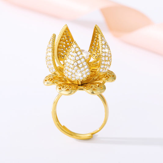Womens Copper Zircon Ring Gold Plated Inlaid Artificial Gems Flower Design Individually Packed For Everyday Wear
