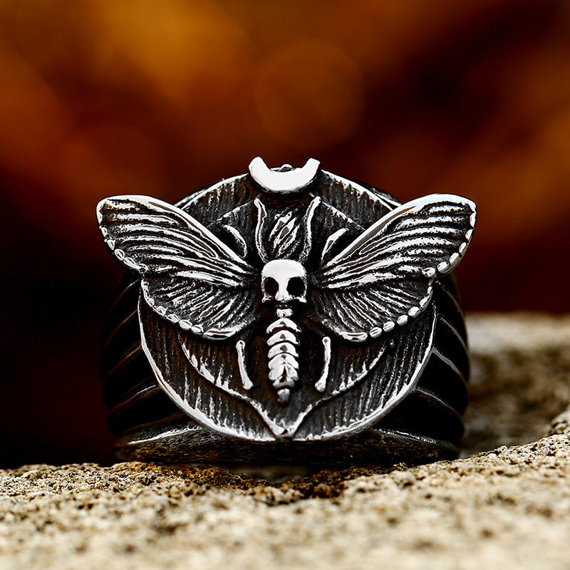Mens Ring Skeleton Moth Titanium Steel Ring Polished Unisex Ring Fashion Jewelry Gift for Men Travel Souvenir US Size 7 8 9 10 11 12 13