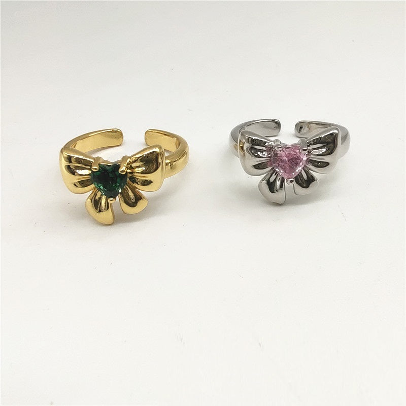 Womens Adjustable Ring Emerald Heart Zircon Bow Copper