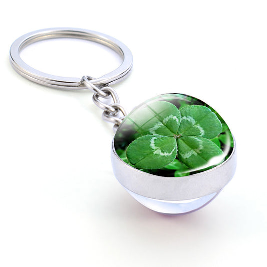 Crystal Glass Ball Keychain Double Sided Translucent Design Lightweight Alloy Base Four Leaf Clover Charm Glow