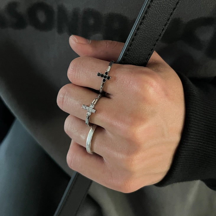 Mens Titanium Steel Ring Cross Crown Roman Numeral Pattern Diamond Zirconia Accent Silver Black Band Vintage Style Ring