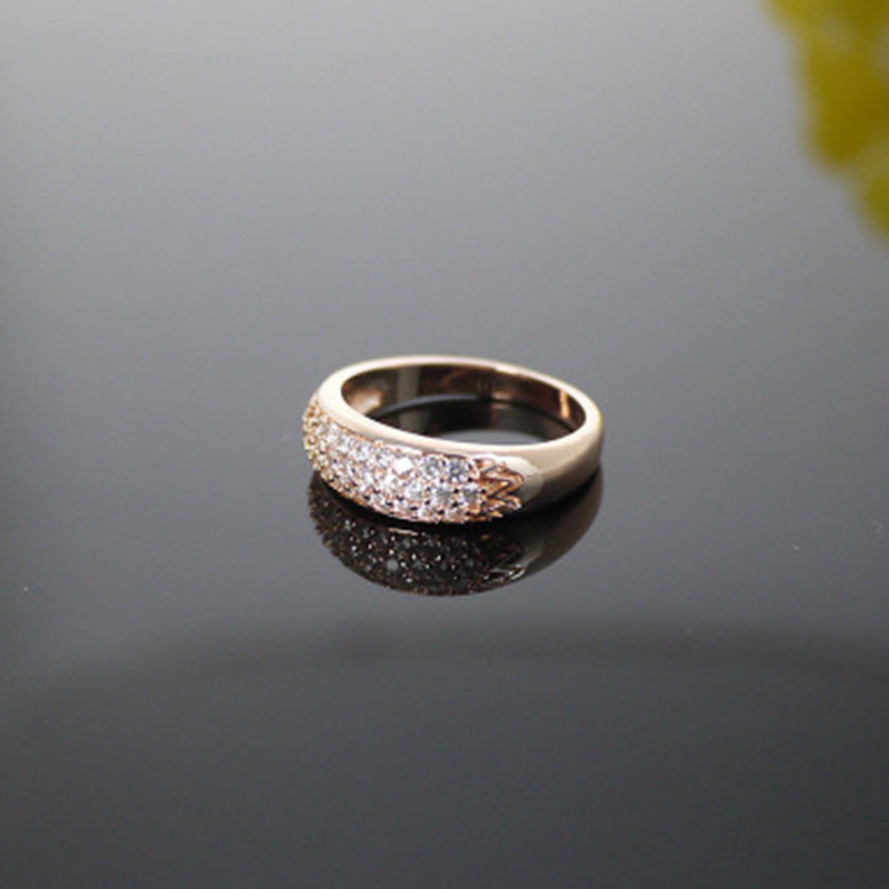 Geometric Three Row Cubic Zirconia Ring With Half Side Design Copper Electroplated For Women Stylish Jewelry Accessory