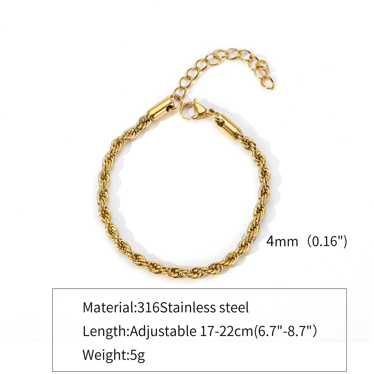 Womens Gold Twisted Chain Bracelet 18K Gold Plated Geometric Jewelry Gift Electroplated Finish with Tail Chain