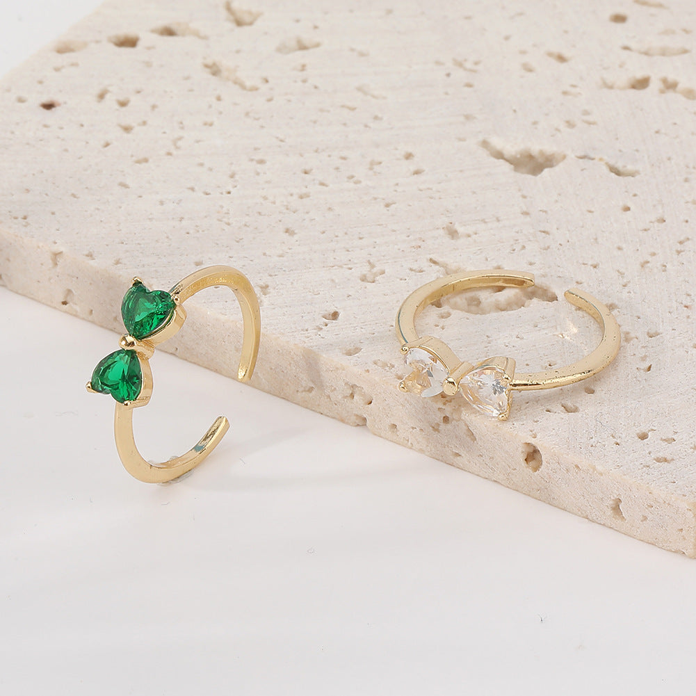 Womens Zircon Ring Copper Bow Butterfly Design Fashion Jewelry Gift For Her White Green Ring Elegant Accessory