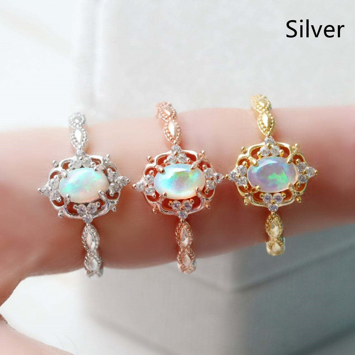 Women Vintage Openwork Opal Ring Retro Geometric Alloy Fashion Ring Electroplated Gold Silver Rose GoldWedding