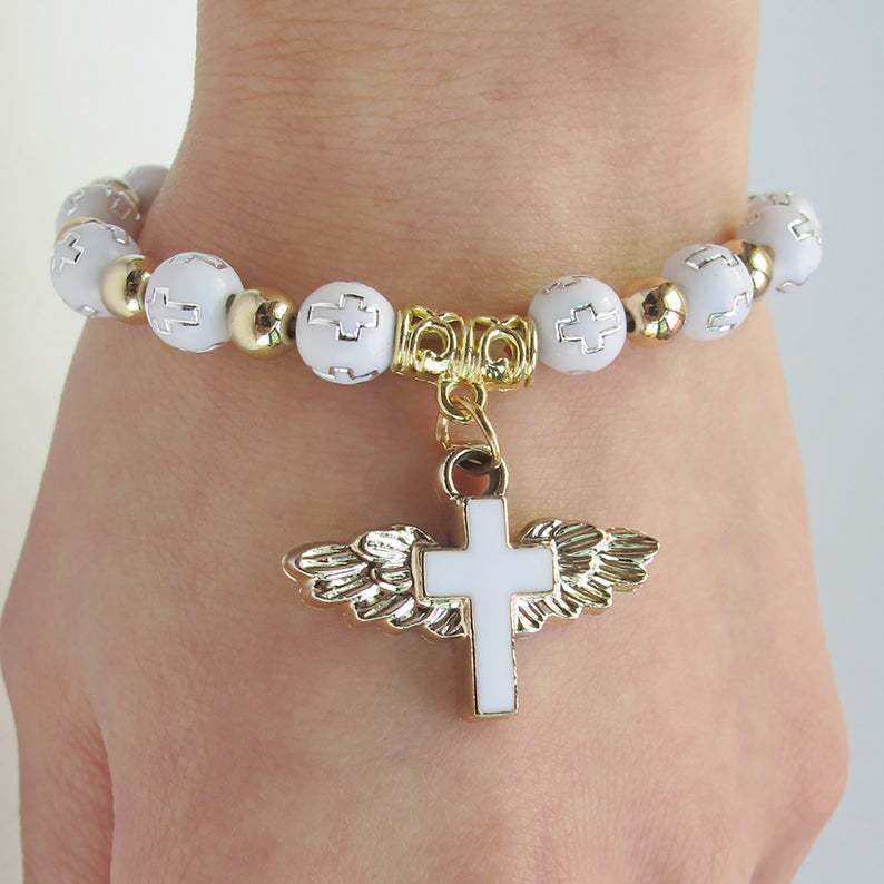 Religious Alloy Cross Bracelet With Acrylic Beads Lightweight Totems Beaded Bracelet Men Individually Packaged