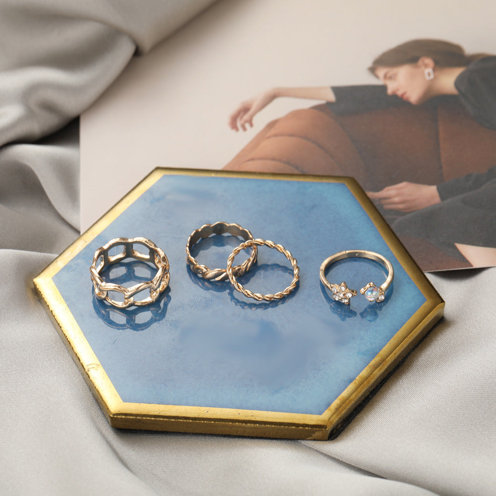 Womens Golden Alloy Ring Set With Rhinestones Heart Shaped Twist Design 4 Piece Jewelry Set Collection Gift For Her