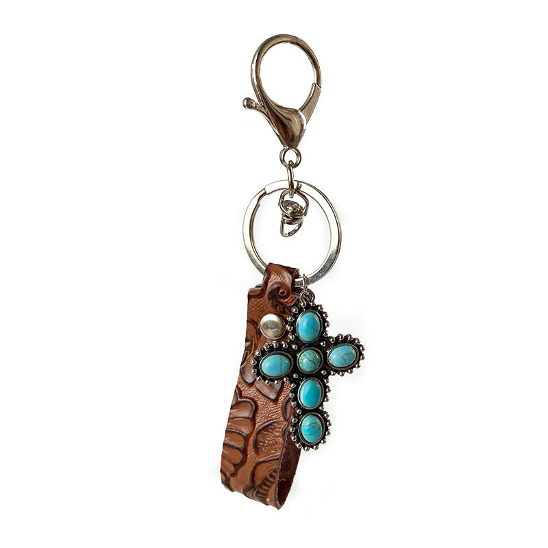 Leather Keychain Embossed Cattle Leather Turquoise Pumpkin Flower Pendant Western Style Electroplated Key Ring
