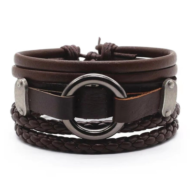 Mens Leather Braided Bracelet European Design Alloy Inlaid Gemstones Retro Geometric Accessory Woven Wristband