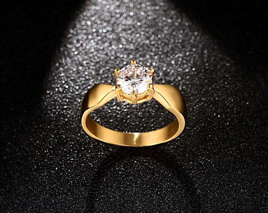 Womens 7mm Titanium Steel Gold Plated CZ Ring Single Stone Wedding Band Timeless Glow Sparkling Polish Jewelry