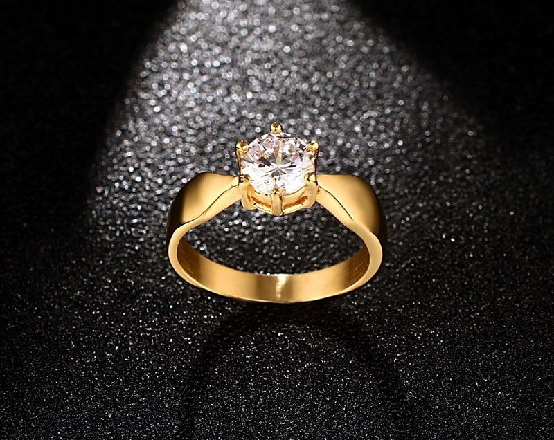 Womens 7mm Titanium Steel Gold Plated CZ Ring Single Stone Wedding Band Timeless Glow Sparkling Polish Jewelry