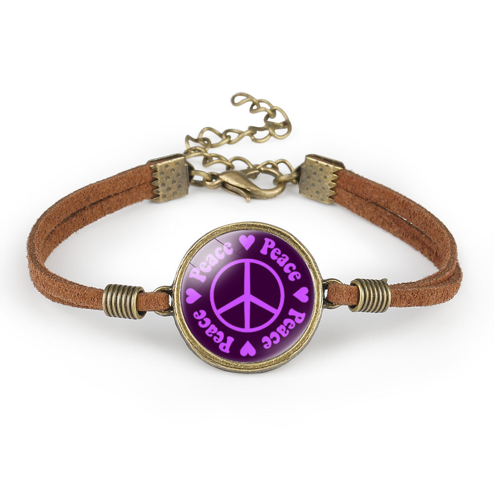 Unisex Leather Bracelet Peace Sign Retro Geometry Pattern With Crystal Inlay And Distressed Finish Packed Gift