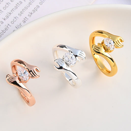 Love Hug Geometric Ring With Diamond Accent Copper Electroplated Womens Unisex Jewelry Sparkle For Daily Style