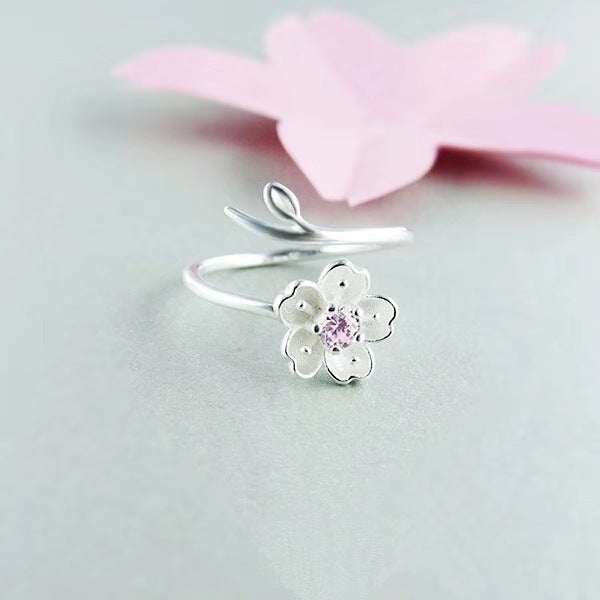 Sterling Silver Tree Branch Flower Ring Open Adjustable Fit For Women Cute Temperament Jewelry Elegant Minimalist Style