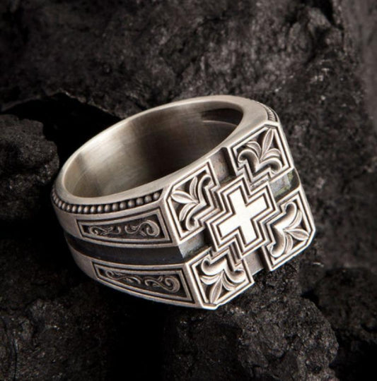 European And American Retro Carved Christian Mens Ring Plated Copper Finish Silver Tone Jewelry Fashion Accessory
