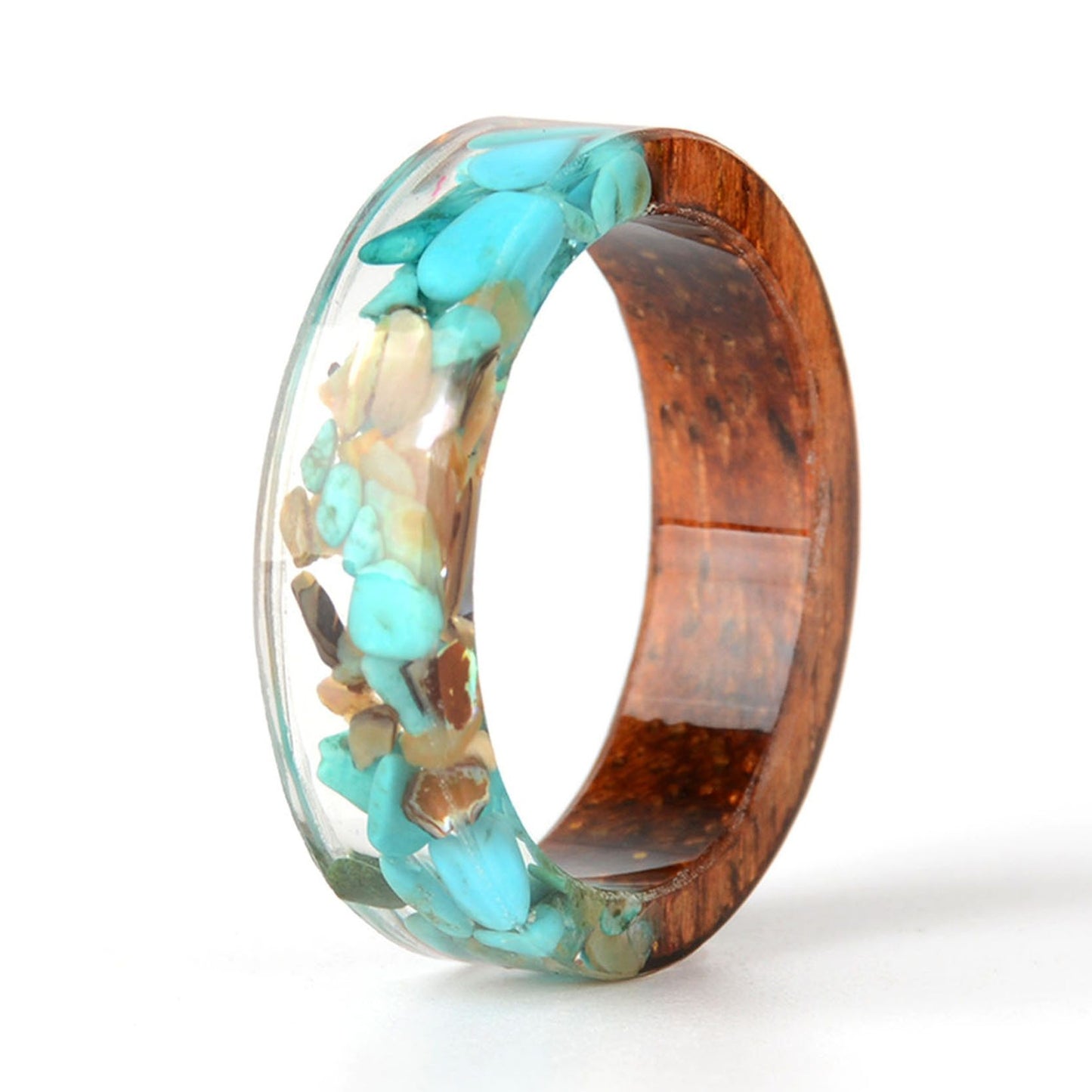 Womens Handmade Flower Resin Wood Ring Inside Gold And Silver Paper Unique Romantic Wedding Party Gift Jewelry
