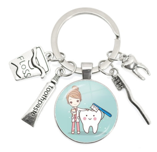 Round Toothbrush Keychain Alloy Metal Key Ring Unisex Pendant Gift for Keys Bags Backpacks and More Gift Ideas