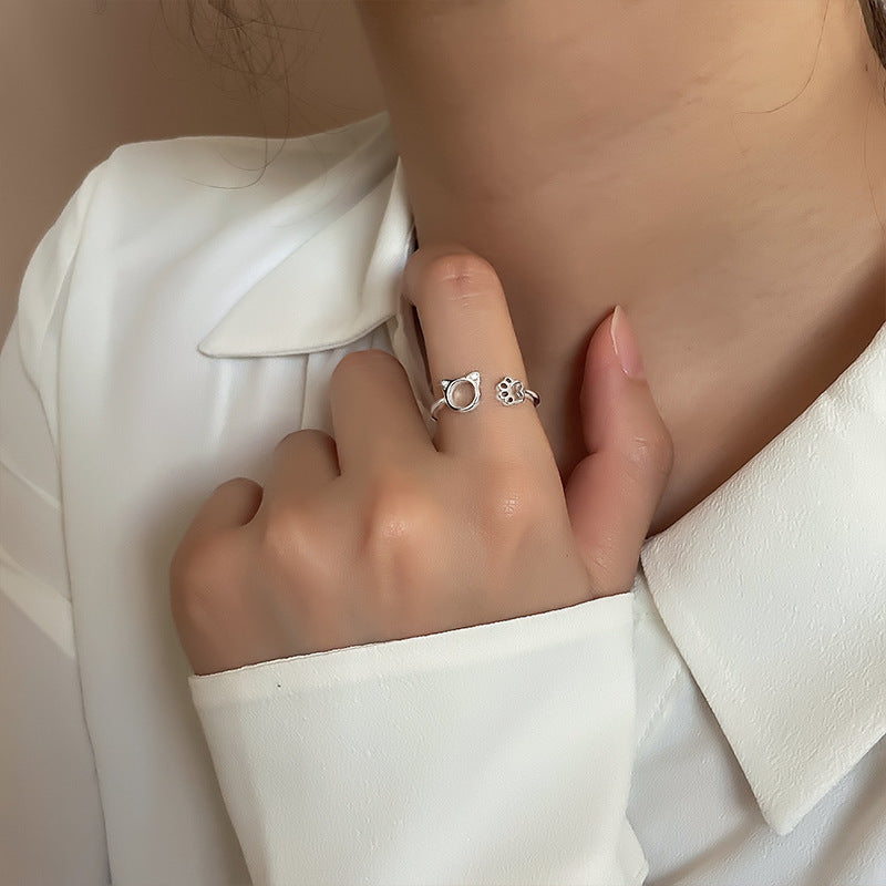 Womens Kitten Ring Cute Cat Claw Cut Out Design Copper Zircon Ring Platinum Finish For Women Korean Style Ring