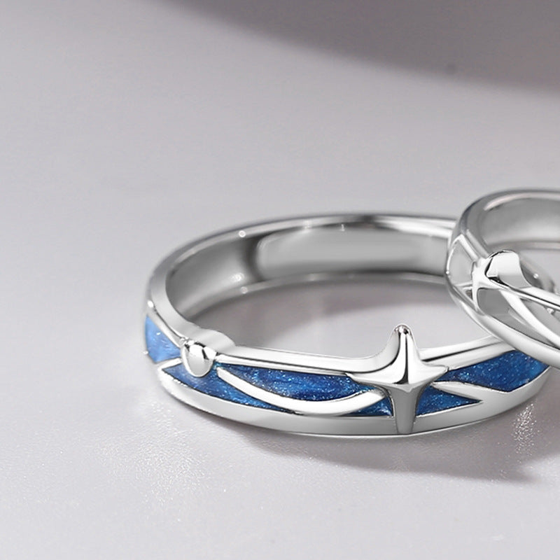 Adjustable Sterling Silver Couple Rings With Star Enamel Matching Design For Him And Her Adjustable Opening Now